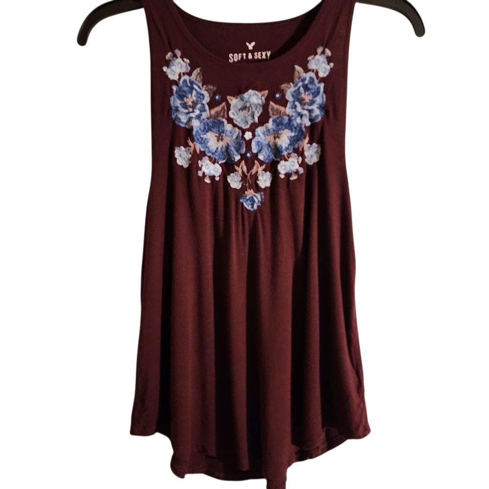 American Eagle Outfitters Maroon Tank Top with Blue Embroidery - Picture 2 of 5
